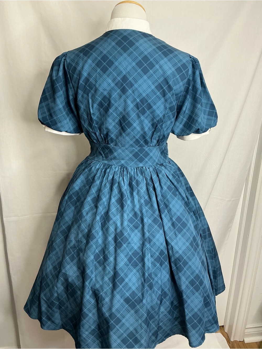 2186 - Blue Plaid Vintage Dress with White Lace Collar (Crinoline Not included) - Picture 4 of 12